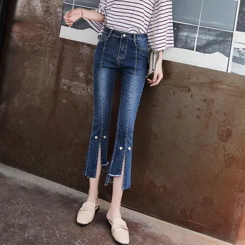 

new spring and autumn 2020 show female elastic thin jeans split c high waist micro speaker nine minutes of pants W8911
