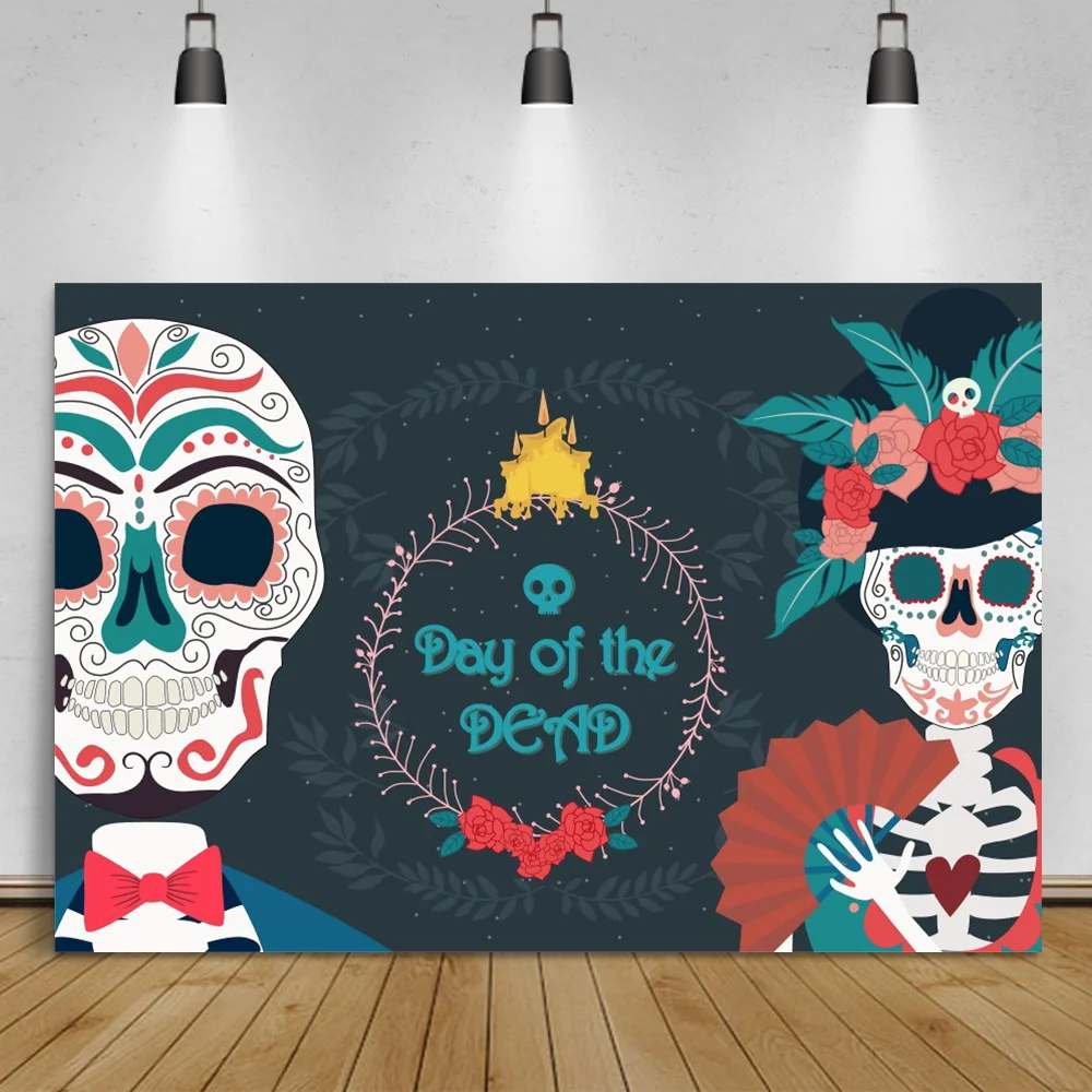 

Laeacco Day of The Dead Mexican Party Background Skeleton Photographic Backdrop Family Photocall Flowers Banners Photo Studio