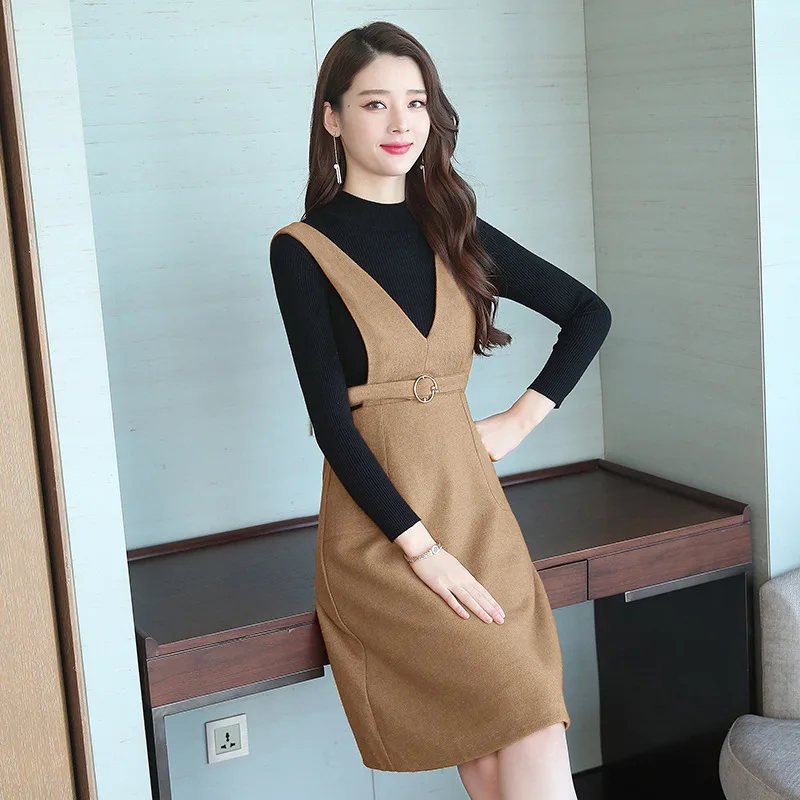 

Mock Two-Piece Mid-length Fashion Dress Women's 2019 Autumn And Winter New Style Elegant Base Slim Fit Slimming Braces Skirt