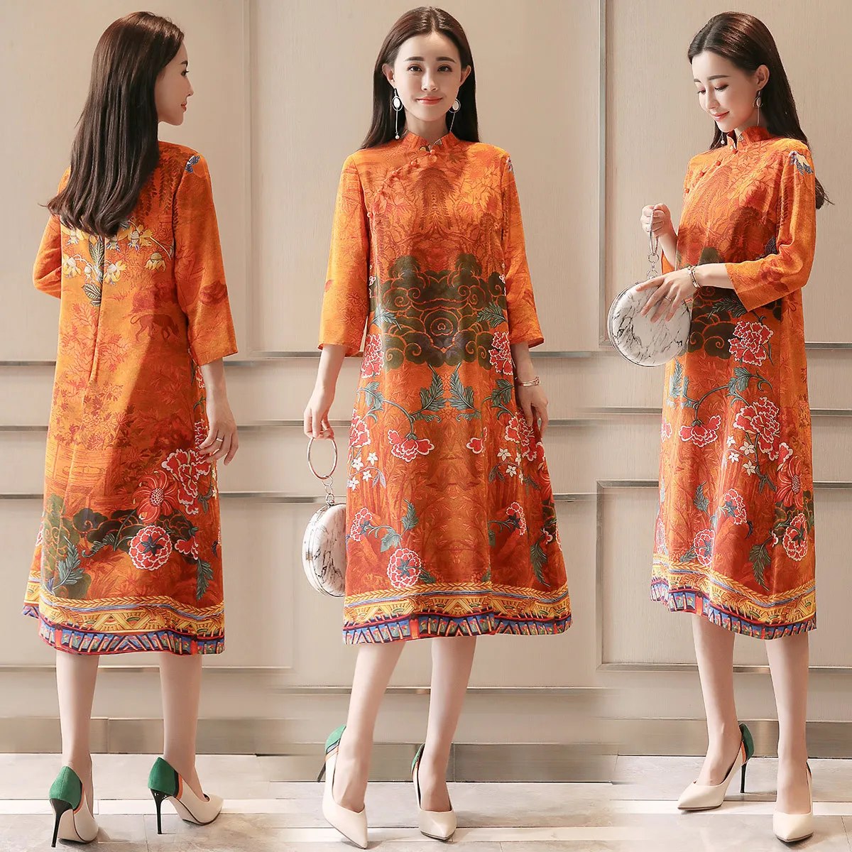 

2018 New Style Spring Clothing Loose-Fit Slimming Three-quarter-length Sleeve Floral Printed Dress Women's Mid-length Elegant Fl