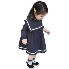 Новинка года, Осеннее свободное хлопковое льняное платье в Корейском стиле с матросским воротником для маленьких девочек детское платье с длинными рукавами милые вечерние платья принцессы