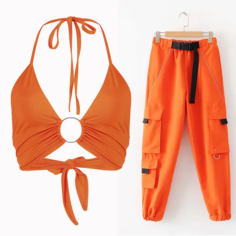 

2019 New Sexy Ring Straps Hanging Neck Backless Wrapped Chest Female Inside Vest High Waist Street Pockets Beam Casual Pants