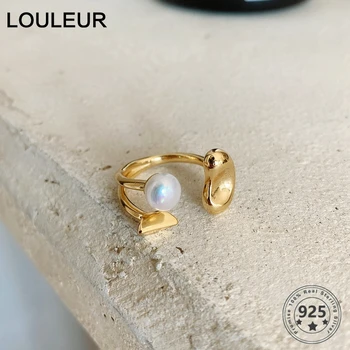 

LouLeur Real 925 Sterling Silver Pearl Rings Minimalist Petal Adjustable Open Ring for Women Silver Luxury 925 Fine Jewelry