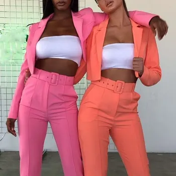 

2019 Autumn Women Crop Blazer High Waist Pants Suit Sashes Office Ladies Blazer Set Solid Casual Two Piece Sets