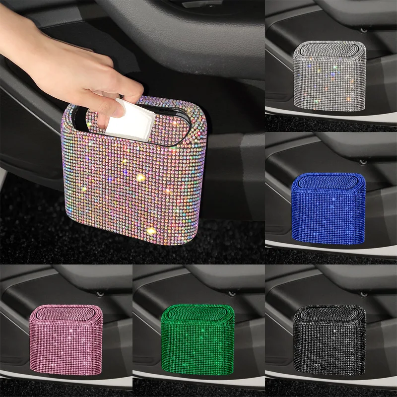 Glitter Trash Can For Car Storage Box Garbage Grabber Bling Rhinestone Door Trash Bin Auto Supplies Car Interior Accessories