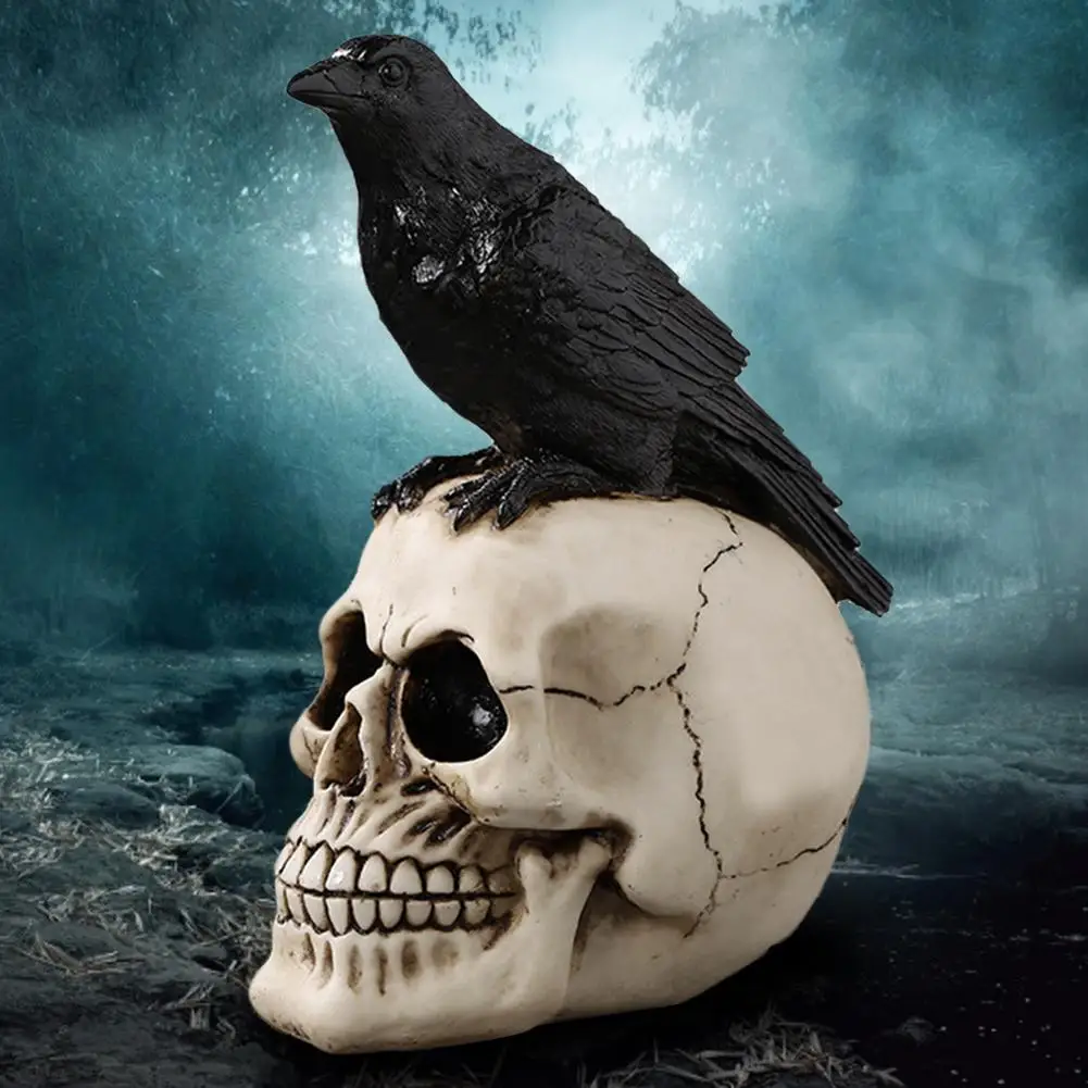4HBC403 LRG 9.75" Black Crow Raven on Skull Halloween Decoration Gothic Skeleton 