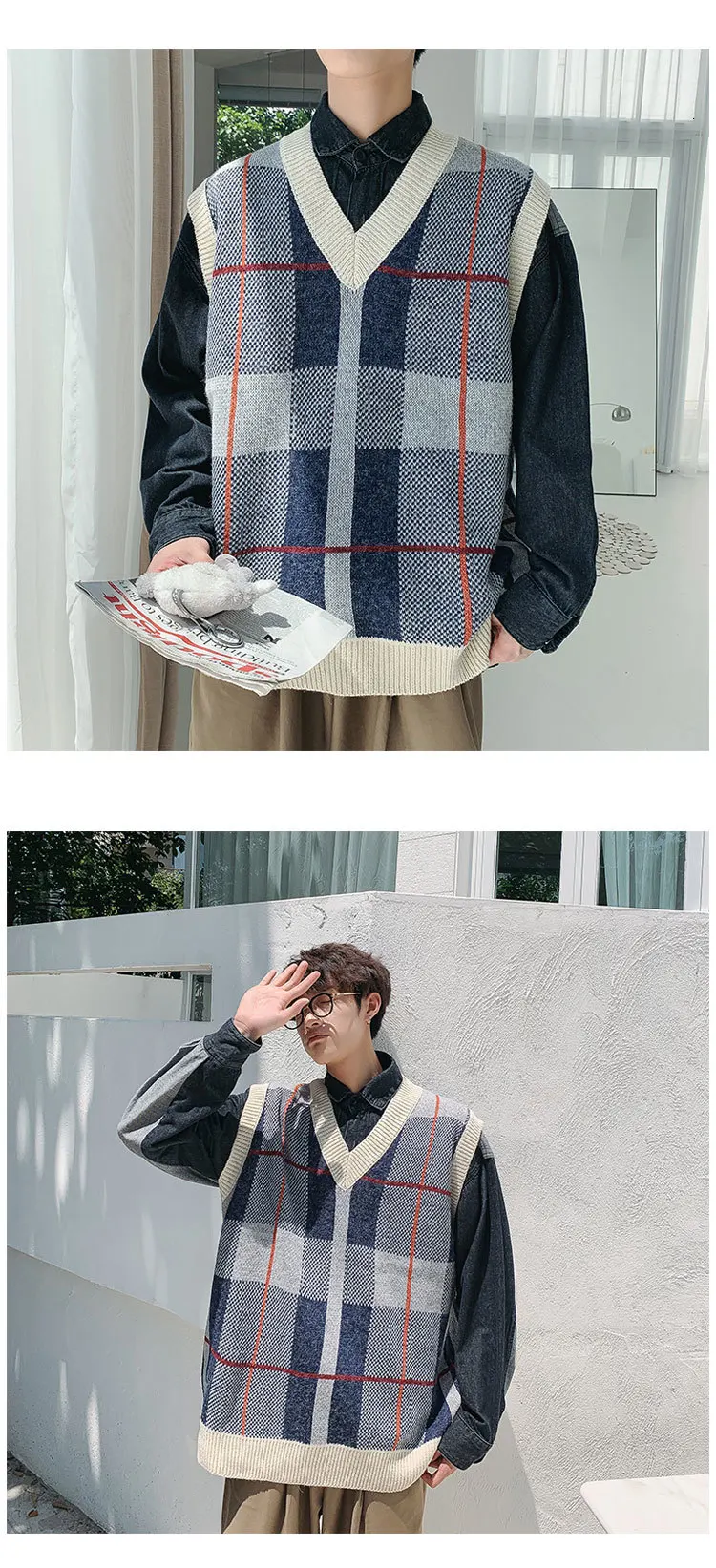 Осенний свитер жилет Мужская мода ретро повседневный v-образный вырез вязаный пуловер мужская уличная свободная свитер жилет мужская одежда m-xl