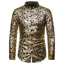 Shiny Gold Floral Print  Shirt Men Slim Fit Mandarin Collar Dress Shirts Men Party Wedding Baroque  Camisa Masculina Shirt