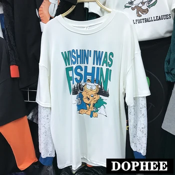 

Fake Two Piece T-shirts Women's Korean Loose Long Sleeve Top Cartoon Letter Printed Ins Super Fire Lace Stitching Shirt Students