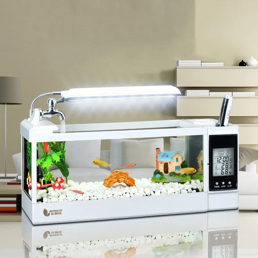 

LED Light Aquarium Multifunction Clock Fish Tank Creative Mini Eco Small Office Desktop Micro Landscape Glass Goldfish Fish Tank