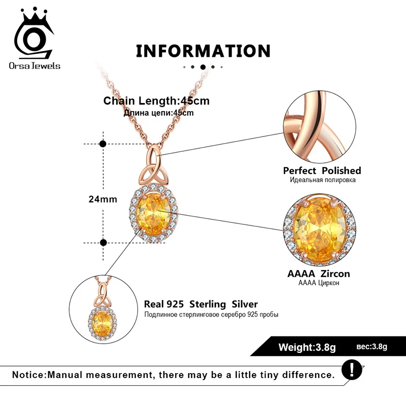 ORSA JEWELS подлинное 925 роскошное ожерелье с подвеской овальной огранки, желтое CZ серебряное ожерелье, вечерние очаровательные ювелирные изделия SN207