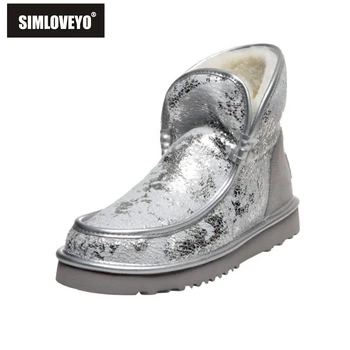 

SIMLOVEYO Women Cow Suede Snow Winter's Warm Ankle Boots Glitter Print Round Toe Flat with Pull On Anti slip Big size 34-43