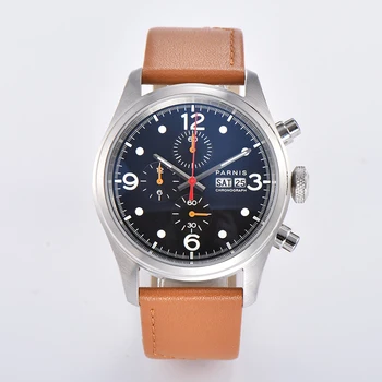 

Parnis 42mm Black Dial Luminous marks chronograph function date week display quartz movement men's pilot wrist watches