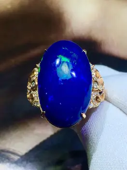 

819 Fine Jewelry Pure 18 K Yellow Gold 100% Natural Blue Opal Gemstone 10.8ct Unisex Fine Opal Rings for Women Luxury Rings
