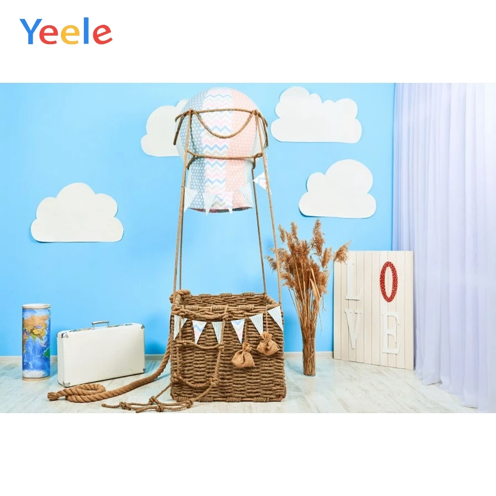 

Baby Room Interior Hot Air Balloon Cloud Curtain Baby Birthday Backdrop Vinyl Photography Background For Photo Studio Photophone