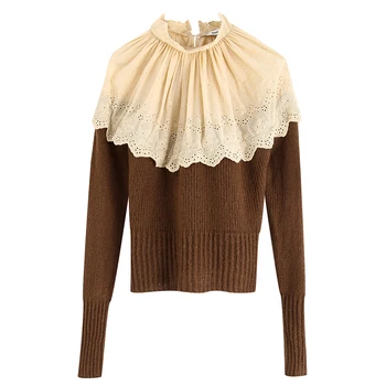 

Buona notte O Neck Sweaters Women Fashion Embroidery Patchwork Sweater Women Elegant Long Sleeve Sweaters Female Ladies IAA