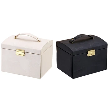 

2 Pcs New Jewelry Box Large Capacity Leather Jewelry Box Ring Necklace with Mirror Watch Jewelry Organizer Pink & Black