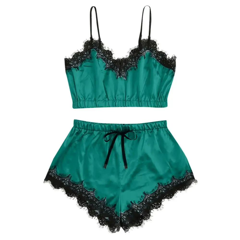 

Plus Size Women Sleepwear Set Sexy Satin Lace Camisole Shorts Strap Solid Nightwear Set Pajamas Koronkowa Pizama 2020 Hot YE