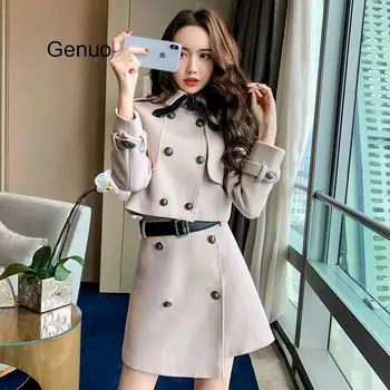 

Korean Style Woolen Suit Women Autumn Winter Irregular High Waist Skirt And Shorts Wool Coat Double Breasted 2 Pieces Set Femme