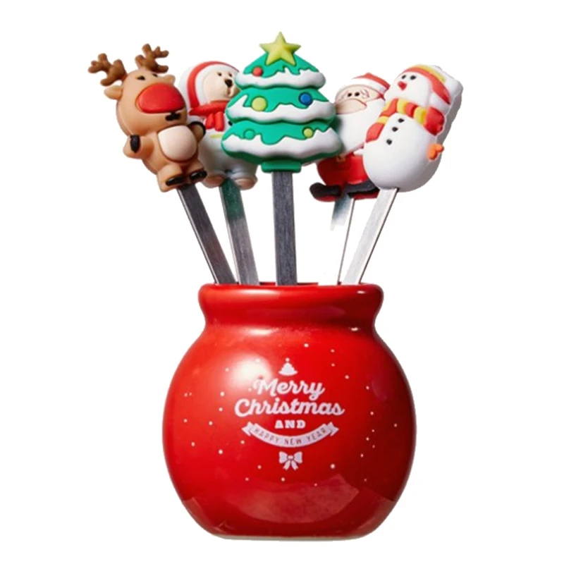 Christmas Fruit Forks Stainless Cartoon Santa Claus Salad Stick Dessert