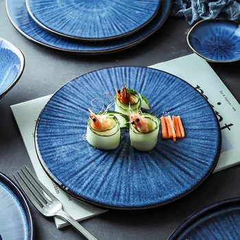 

1Pcs KINGLANG NEW Klin Glaze Blue Color Ceramic Tableware Flat Plate Steak Cake Dish Plate