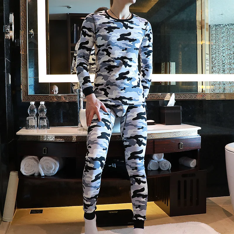 502 camo gray Комплекты термобелья для мужчин, зимние термо кальсоны плюс бархатная утолщенная одежда, пижамный комплект, Мужская плотная теплая одежда - Color: 502 camo gray