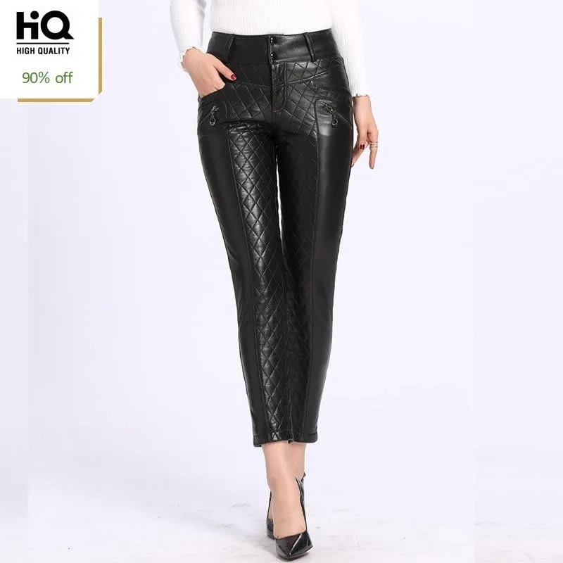 

2020 Winter New Down Trousers for Women Slim Fit Warm Leather Pencil Pants Top Quality Black High Waist Leather Pantalon Femme