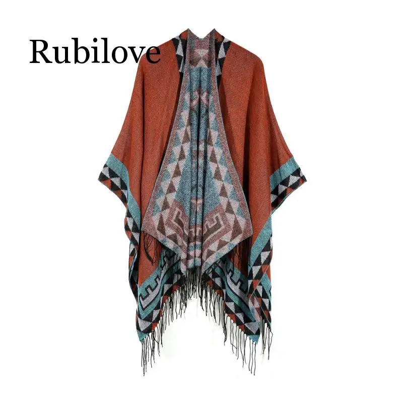 Женский вязаный кардиган Rubilove в стиле бохо зимнее пончо с геометрическим узором
