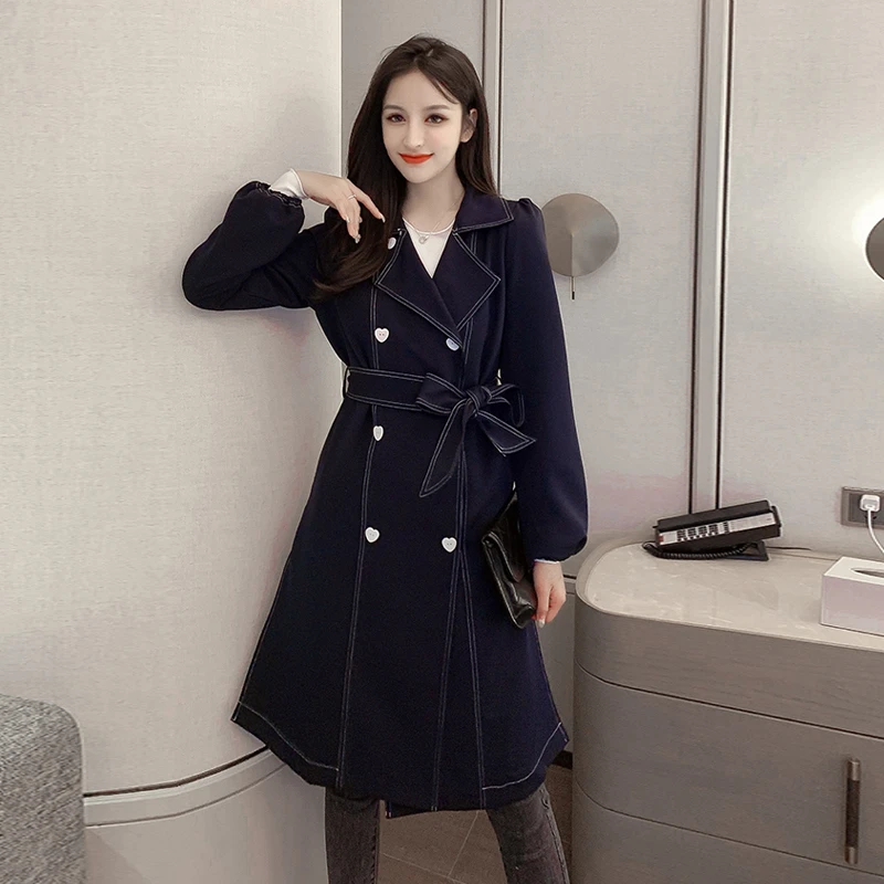 Осенне-зимнее женское пальто, корейский элегантный двубортный пояс, ветровка, женское длинное пальто, модное свободное Женское пальто