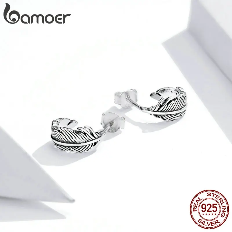 bamoer 925 Sterling Silver Jewelry Dazzling Light Feather Stud Earrings for Women Girls Gift Statement Jewelry earring