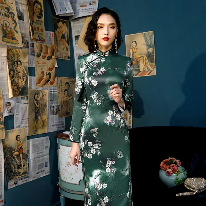 Большие размеры 3XL 4XL зеленое осеннее Новое Винтажное с длинным рукавом Cheongsam сексуальное женское официальное длинное платье с цветочным принтом атласное Qipao
