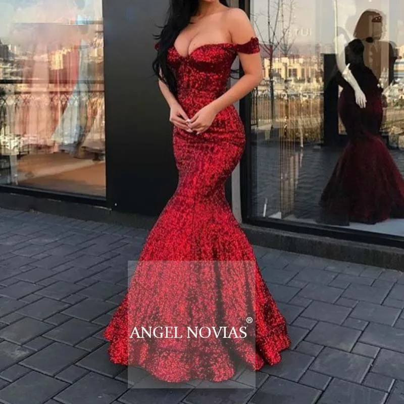 Женское длинное вечернее платье ANGEL NOVIAS Красное/Бордовое с блестками и юбкой годе