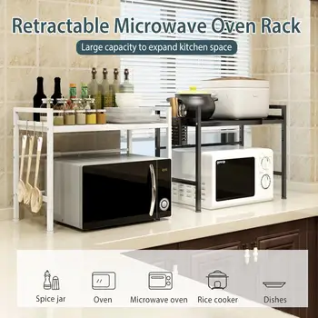 

Retractable Microwave Oven Rack 2 Layers Kitchen Microwave Oven Space Saving Rack Shelf Metal Multi Function Stand For Rice Cook