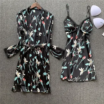

Pajamas women's spring and summer new printed nightgown two-piece suit silk-like pajamas long sleeve sexy nightgown