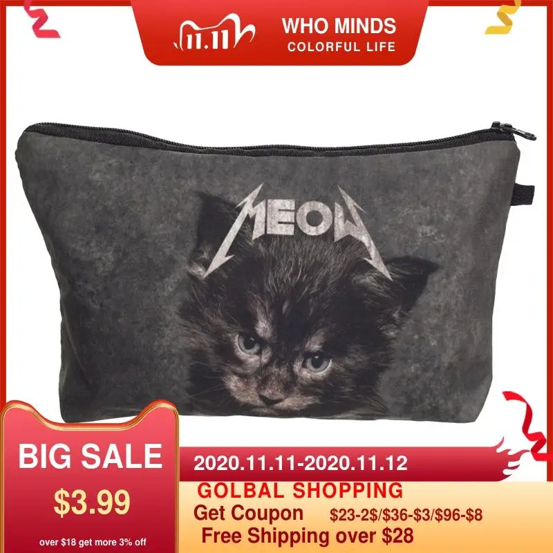 

New Women Cosmetic Bag Black Meow Cat Zipper Neceser Portable Makeup Bag Organizer 3D Prints Bolsa feminina Travel Toiletry Bag