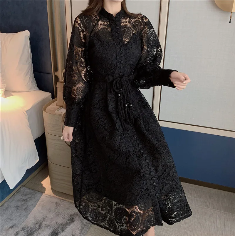 Платья для подиума, женское кружевное платье высокого качества с вырезом и рукавами-фонариками, длинное черное платье, Осенние винтажные женские вечерние платья