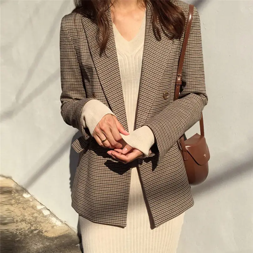 New Fashio Winter Jacket Women Casual Autumn Button Pocket Plaid Long Sleeve Slim Temperament Overcoat Coat куртка женская 4A29 (2)