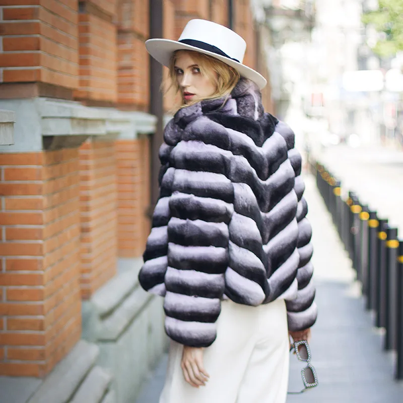 FURSARCAR 2021 New Natural Rex Rabbit Fur Jacket With Collar Winter Women Chinchilla Short Coat Fashion Violet Color Fur Outwear