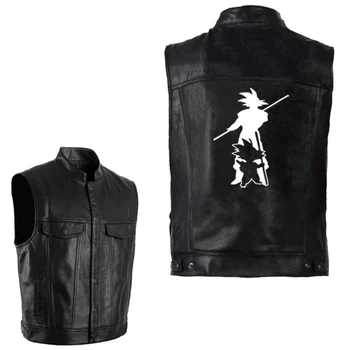 

Dragon Ball Japanese Anime Vest Men Pockets Outdoors PU Sleeveless Jacket Waistcoat Vests Plus Size Black Streetwear Coat