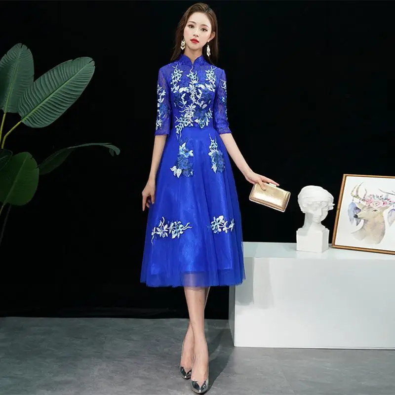 Светло-розовые женские короткие тонкие вечерние платья Cheongsam весенние элегантные китайский воротник Qipao пикантный халат Vestido XS-3XL - Цвет: Blue - A