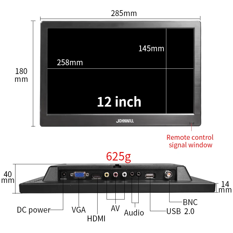  12 inch 1920x1080 LCD HD Monitor Computer PC Display Color Screen 2 Channel Video In Security Monit
