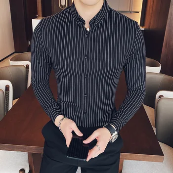 

Men's Casual Striped Shirt 2020 New Fashion Elegant England Style Long Sleeve Black Shirt