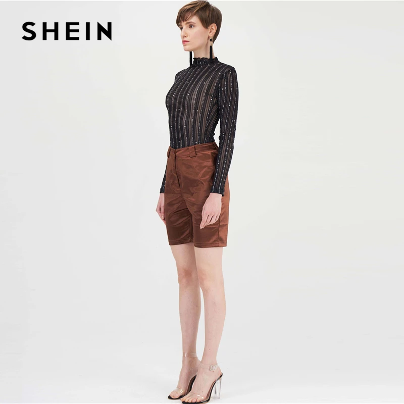SHEIN, черная, стоячий воротник, серебряная нить, прозрачная, звездная, сетчатая, Сексуальная футболка, женские топы, Осенние, с длинным рукавом, ночная, Гламурная, обтягивающая футболка