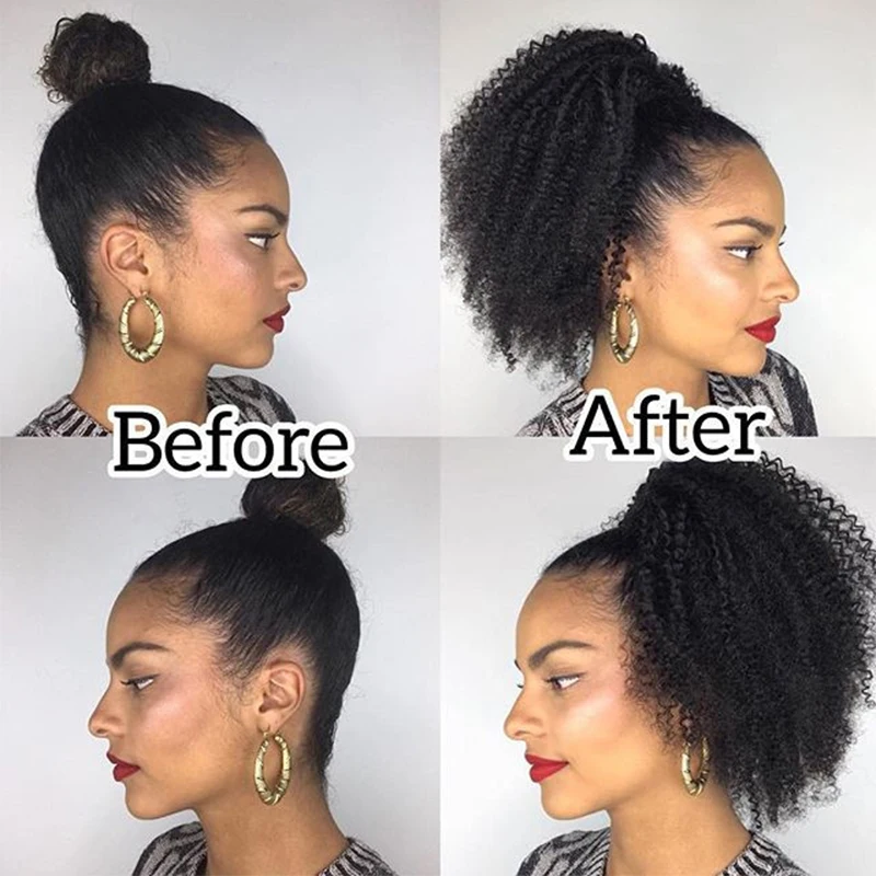 Kopen Afro Kinky Krullend Paardenstaart Remy Haar Stukken Voor Vrouwen Natuurlijke Zwarte Clip In Paardenstaarten Koord 100% Menselijk Haar Dolago Producten