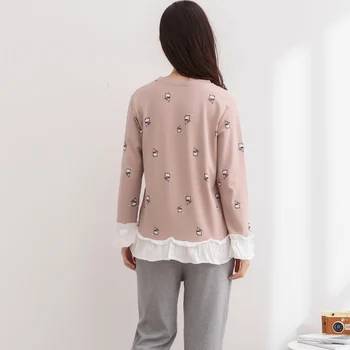 

2020 Autumn Winter 100% Cotton Pajama Sets for Women Long Sleeve Lace Pyjama Girl Cute Cartoon Homewear Loungewear Home Clothing