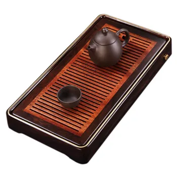 

Tea Tray Ebony Rosewood Solid Wood Log Water Storage Brass Mortise Water Storage Gong Fu Function Dry And Wet Small Teapot Table