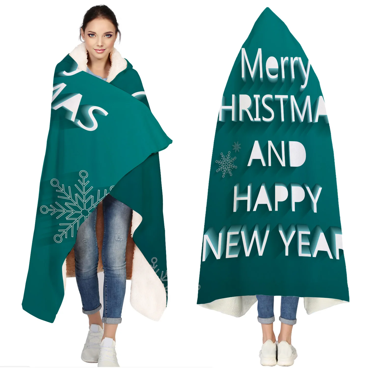 

Merry Christamas And Happy New Year Portable Wearable Fluffy Custom Hooded Blanket Fleece Hooded Throw WrapBed Blanket