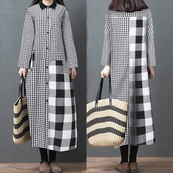 

Fashion Check Shirt Dress Women's Patchwork Sundress ZANZEA Long Sleeve Tunic Vestidos Female Button Casual Plaid Midi Robe 5XL
