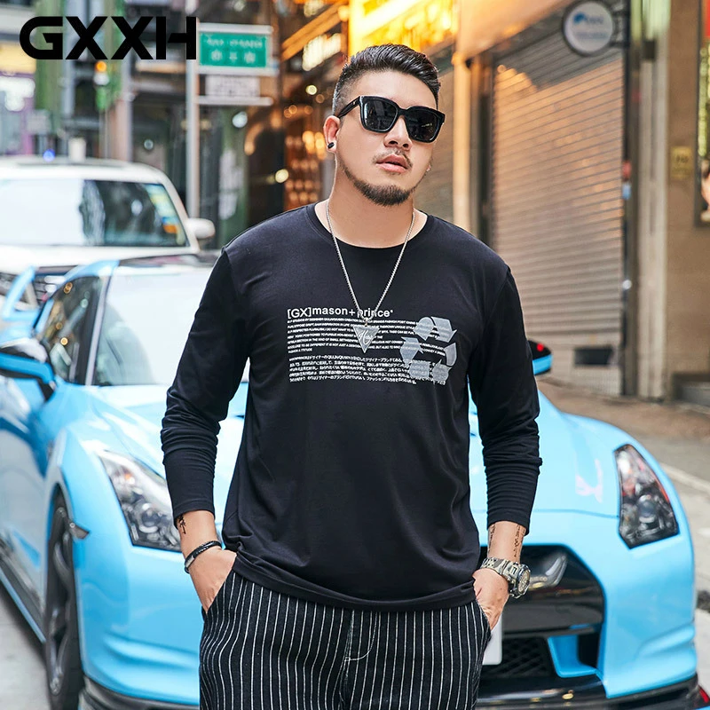 Мужская футболка с принтом GXXH черная длинным рукавом размера плюс 5XL 6XL 7XL весна