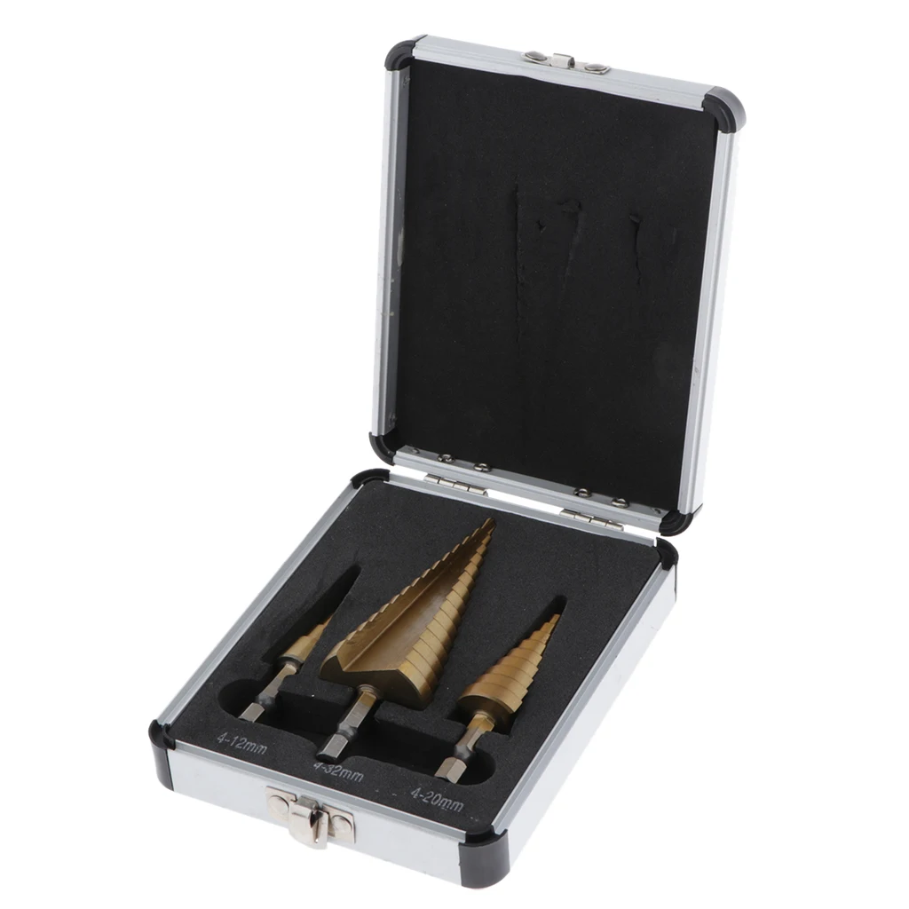 3 Pieces Titanium Coated HSS Step Drill Bit Set Hex Shank Kit for Iron Plate, Aluminum, PVC Board 4mm to 32mm